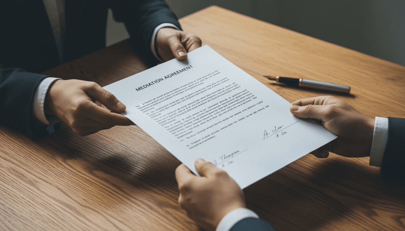 Hands exchanging signed mediation agreement document