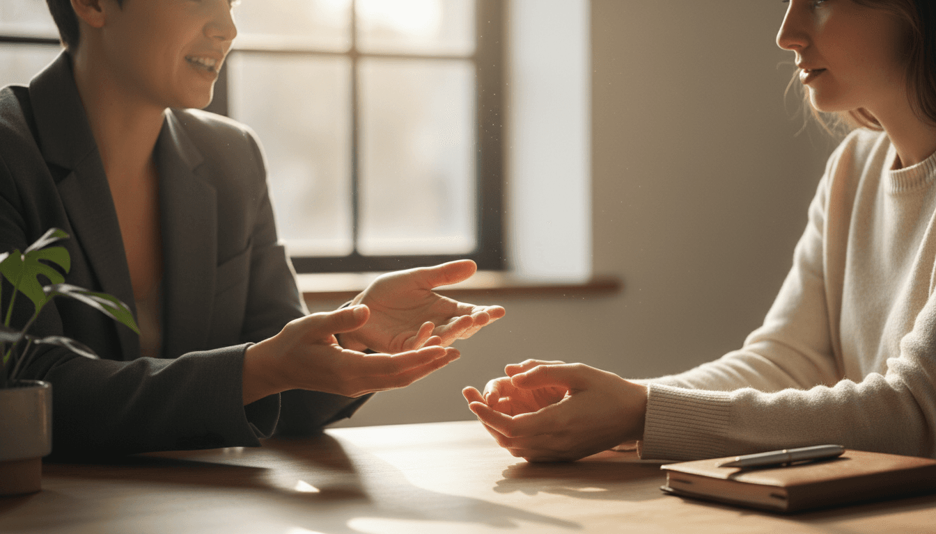 Two people in thoughtful conversation during mediation