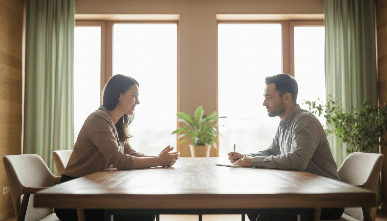 Professional mediation session with two parties and a mediator in a calm, bright meeting space