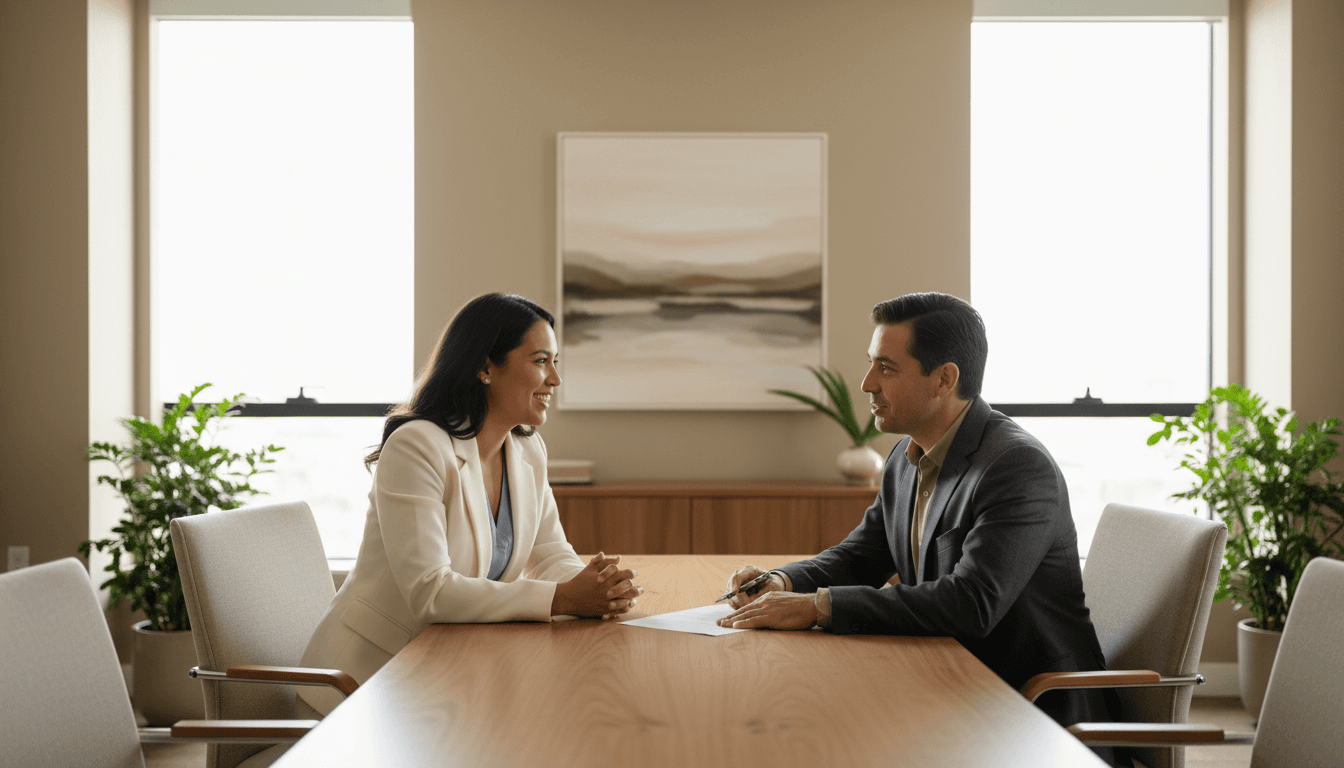 Two people in professional mediation discussion at wooden table