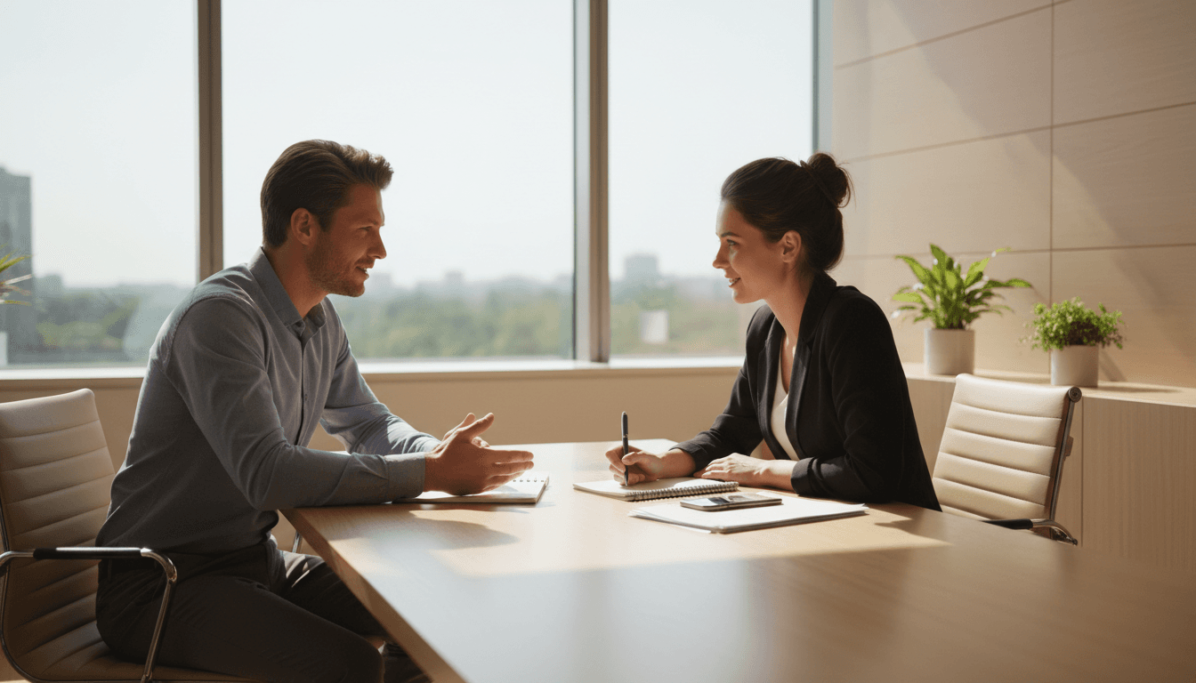 Two professionals in constructive conversation at a conference table during mediation